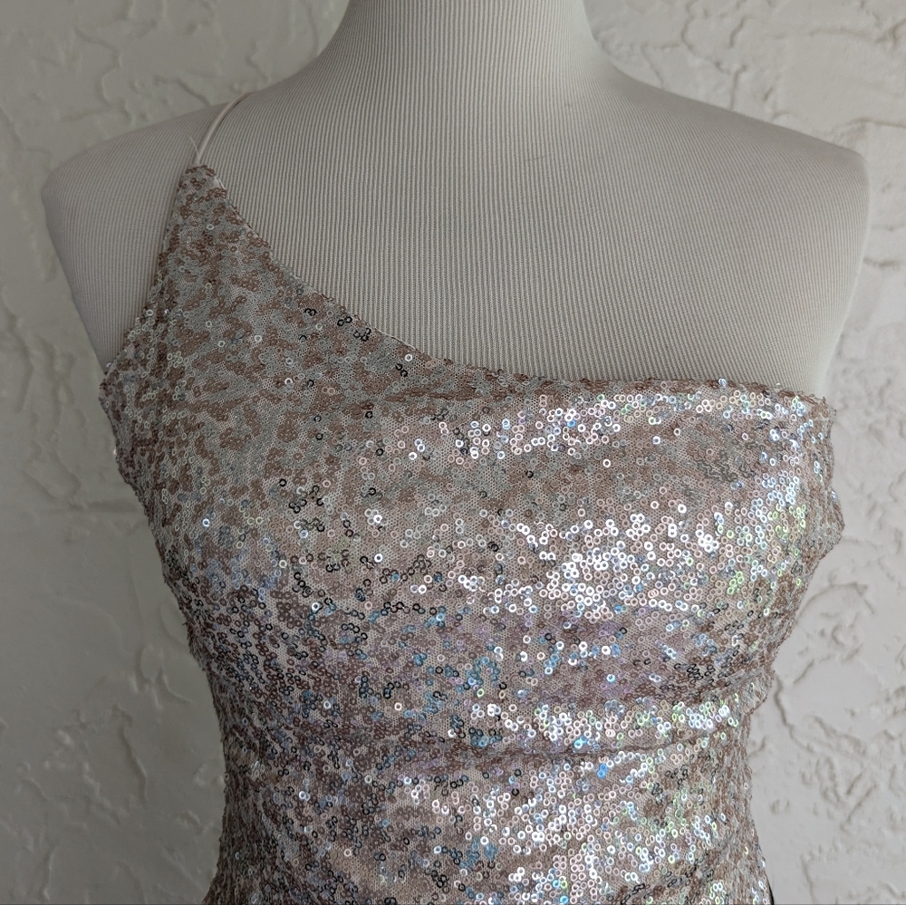 Champagne Sequin Gown, One-Shouldered Spaghetti Strap w/ Sweep Train by B. Smart